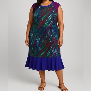 Jete Women purple‎ multicolor abstract sleeveless dress zip back, size plus 2X